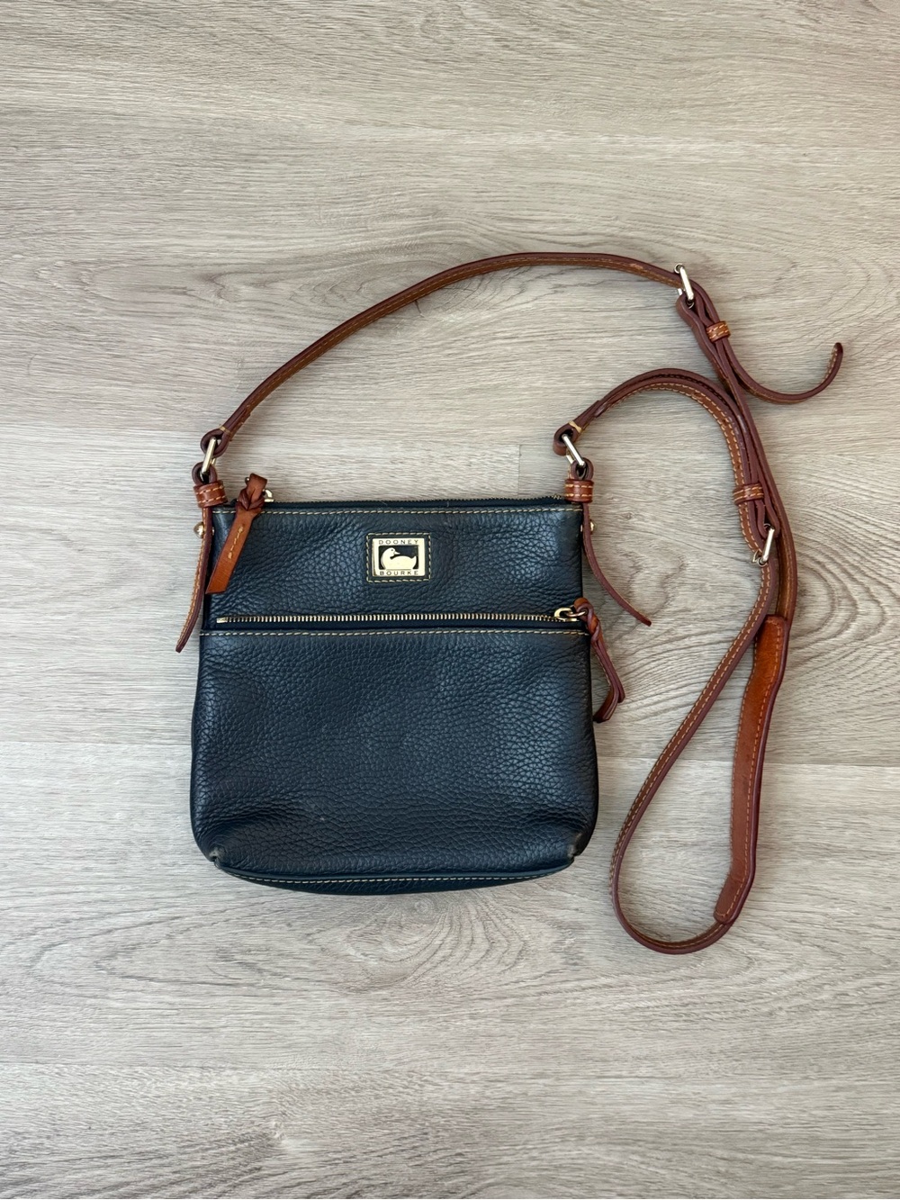Dooney & Bourke Navy Blue Pebble Leather Crossbody with Brown Strap